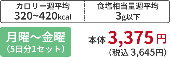 カロリー週平均 320~420kcal 食塩相当量週平均 3g以下 月曜～金曜 （5日分1セット） 本体 3,375 円 （税込 3,645円）