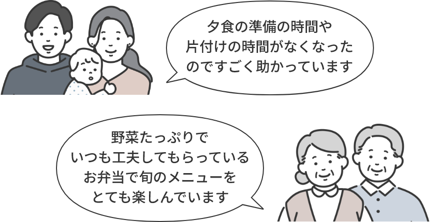 夕食の準備の時間や片付けの時間がなくなったのですごく助かっています野菜たっぷりでいつも工夫してもらっているお弁当で旬のメニューをとても楽しんでいます