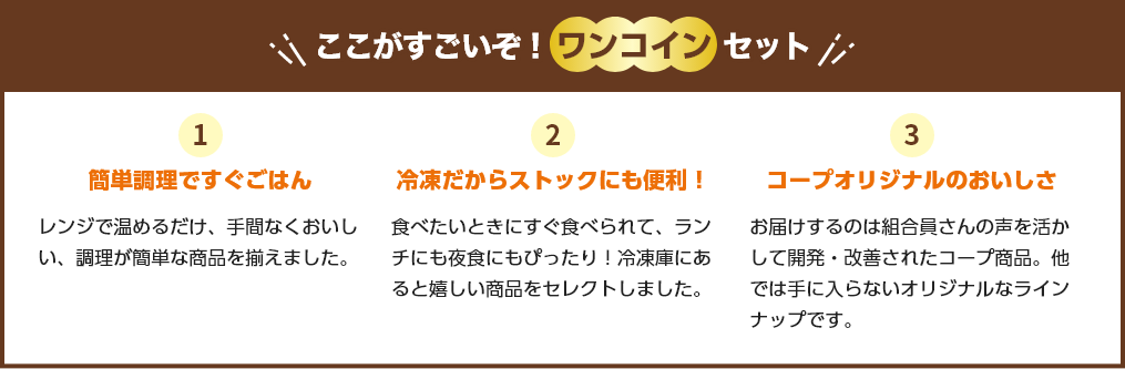 ここがすごいぞ！ワンコインセット 1.簡単調理ですぐごはん　2.冷凍だからストックにも便利！　3.コープオリジナルのおいしさ