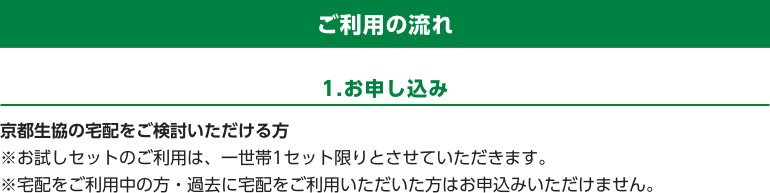 ご利用の流れ　1.お申し込み　京都生協の宅配をご検討いただける方　※お試しセットのご利用は、一世帯1セット限りとさせていただきます。　※宅配をご利用中の方・過去に宅配をご利用いただいた方はお申込みいただけません。