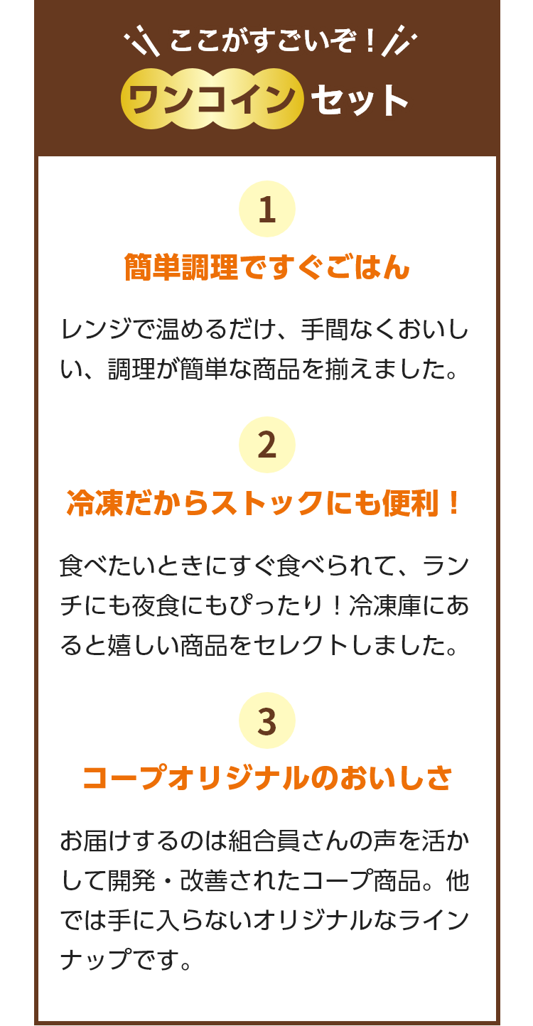 ここがすごいぞ！ワンコインセット 1.簡単調理ですぐごはん　2.冷凍だからストックにも便利！　3.コープオリジナルのおいしさ